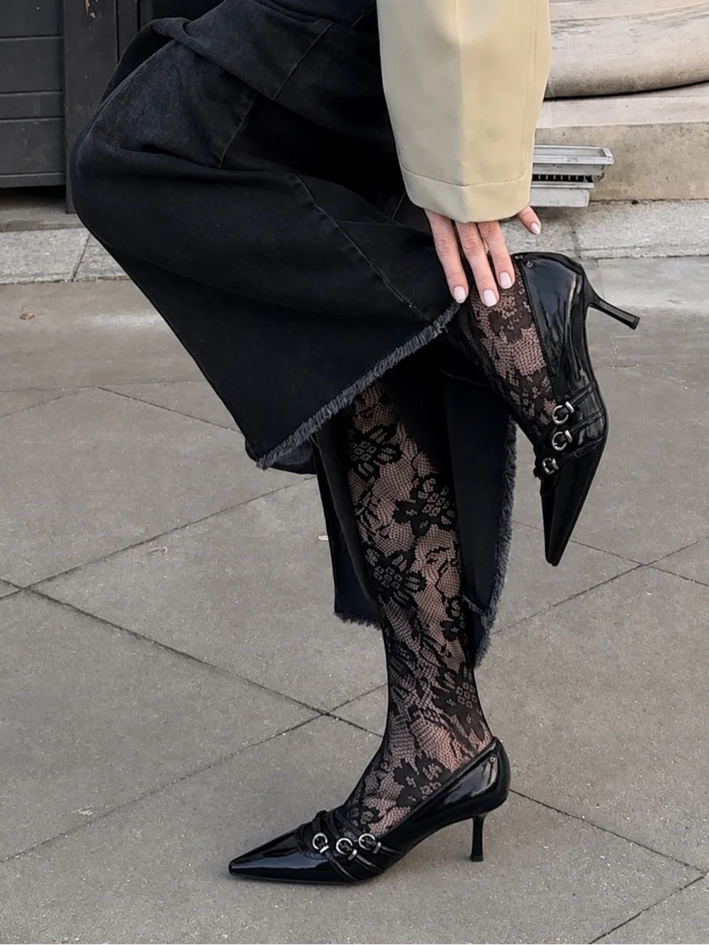GBG Los Angeles Black Patent Pointed Kitten Heel Pumps with Buckle Detail